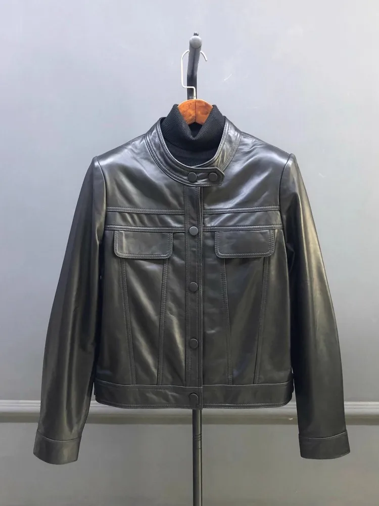 Damska kurtka motocyklowa ze skóry naturalnej ze stójką, codzienna, jednolita, wiosenno-jesienna, z długim rękawem, krótka kurtka z prawdziwej skóry owczej.