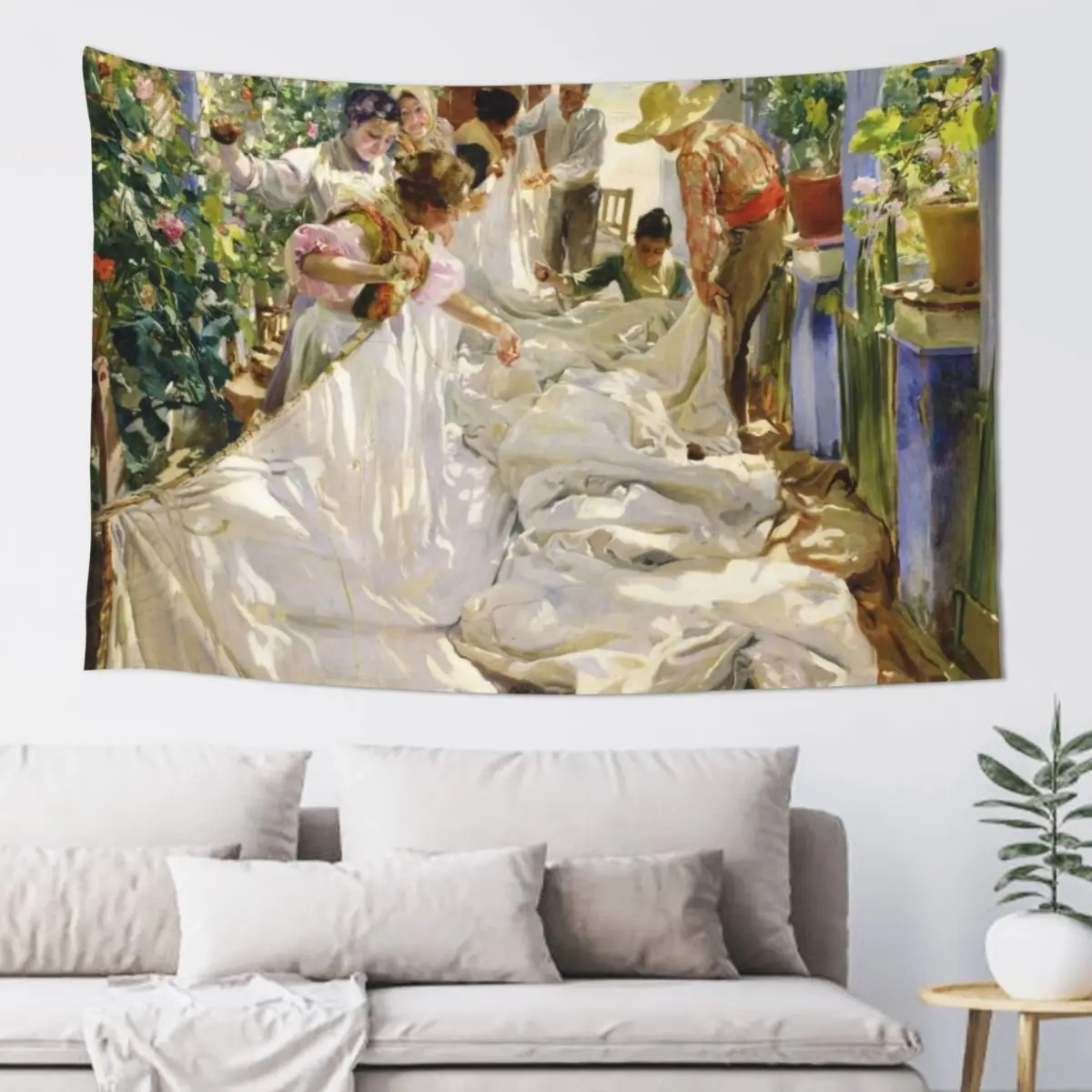 Joaquín Sorolla - Sewing the Sail Tapestry Nordic Home Decor Decorative Wall Mural Room Decorations Aesthetic Tapestry