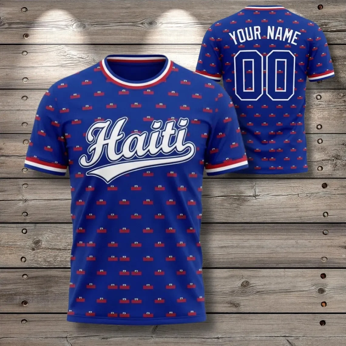Haiti Soccer Jersey Shirt, Haitian Flag Pattern Unisex Fan Tee, Futbol Gift, Custom Name Number Sleeve Summer Unisex T-shirt