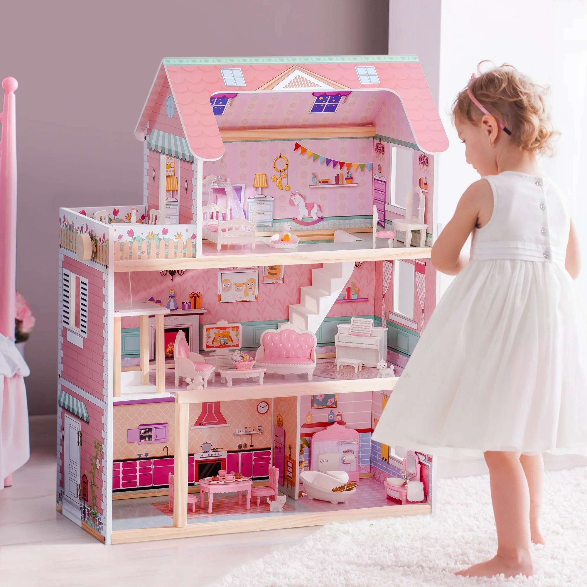 Robud Wooden Dollhouse with 20pcs Furniture 3-Storey Preschool Toy Dollhouse for Kids Girls 23.4"X12"X32" Pink
