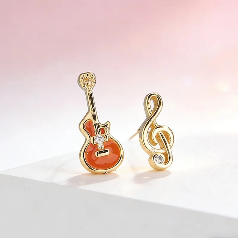 Cute Mini Guitar Notes 925 Sterling Silver Female Stud Earrings For Women Luxury Fine Jewelry EA931