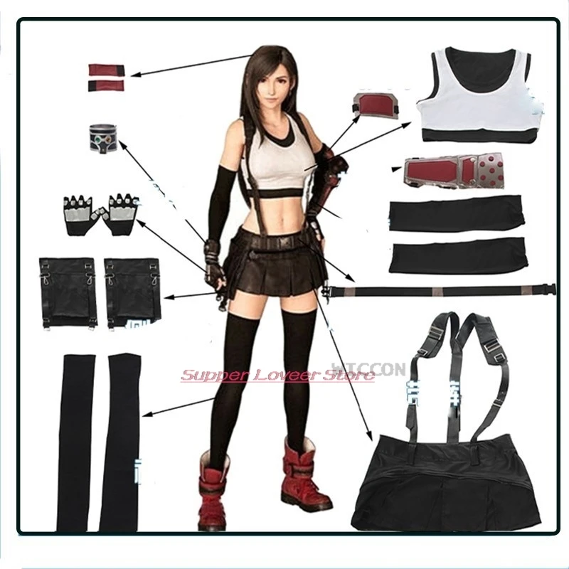 

Костюм для косплея финальной фантазии VII, ремейк Tifa Lockhart, костюм с поясом для взрослых, женская обувь, костюмы для Хэллоуина и карнавала
