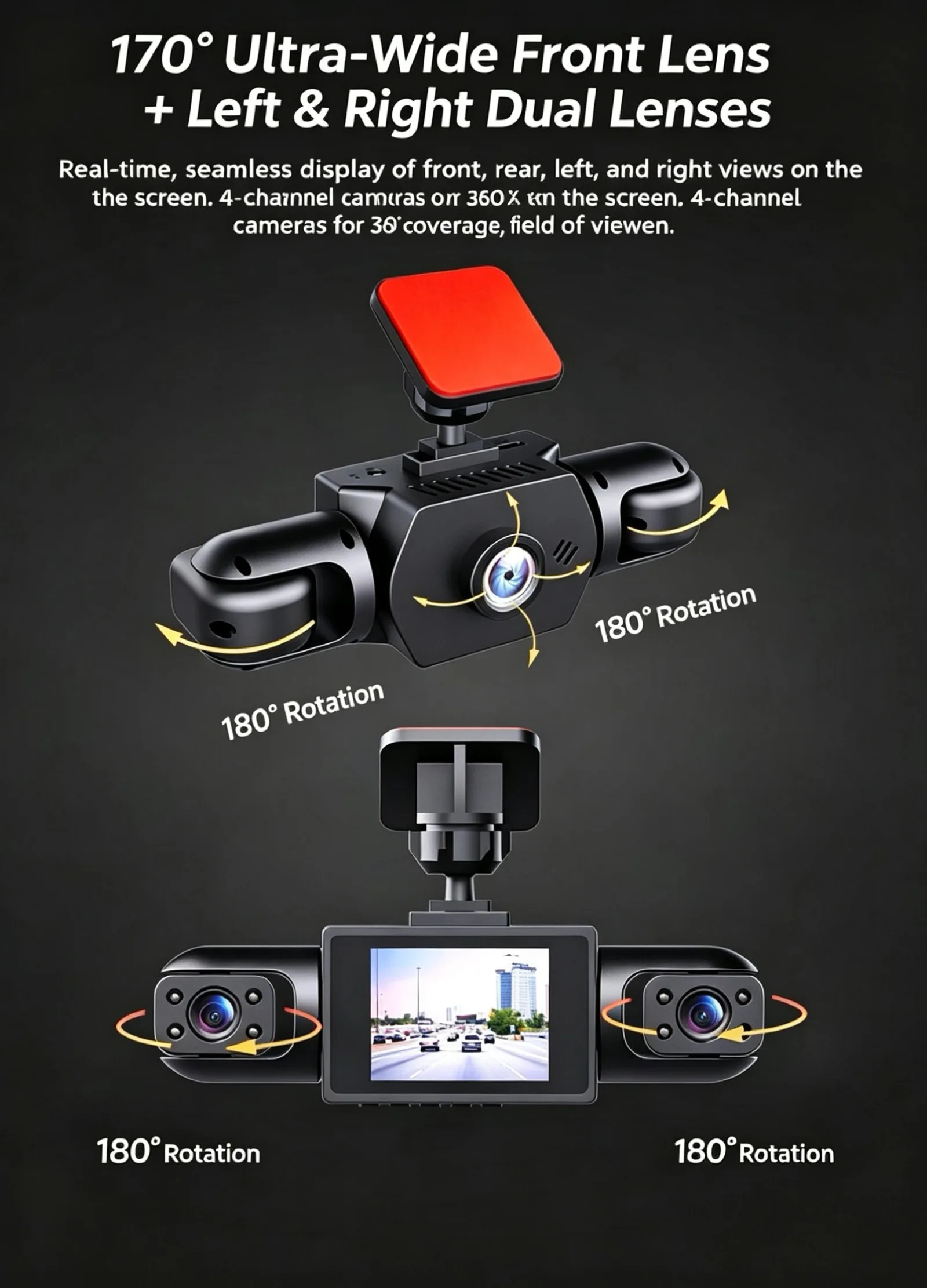4-Channel 360° Dash Cam,170° Wide Angle,1080P Front Dual Interior Rear Camera,G-Sensor Loop Recording Parking Monitor DVR