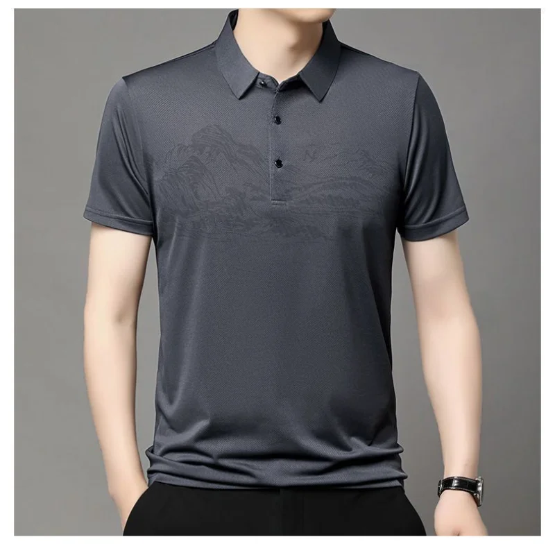 Men Mountain Print Lapel Short Sleeve Polo Shirt Soft Skin Friendly Business Casual Tops