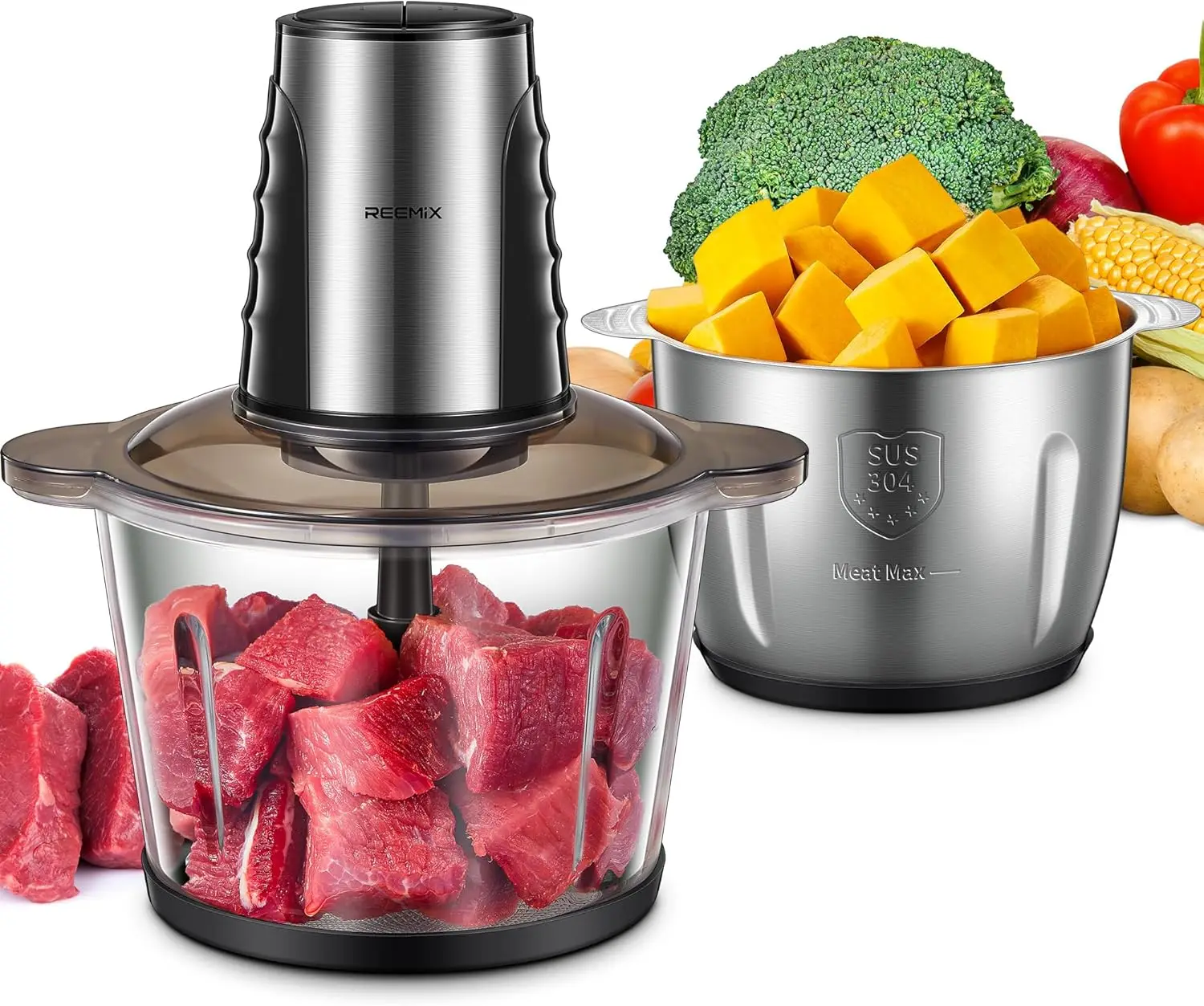 

Electric Food Processor with 500W Motor, 2 Large Bowls, and 4 Blades for Fruits, Meat, Vegetables