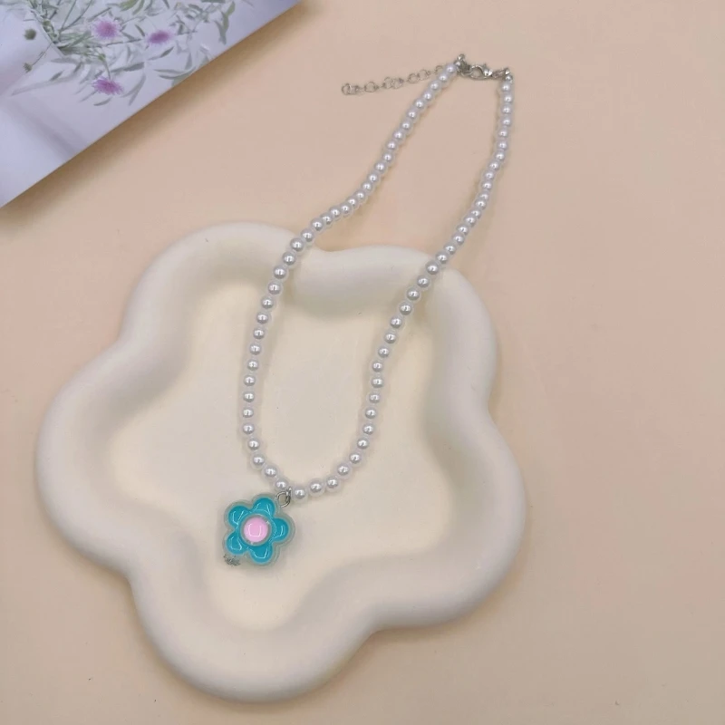 Colar com pingente flor com pérolas imitação doce coreana para mulheres meninas