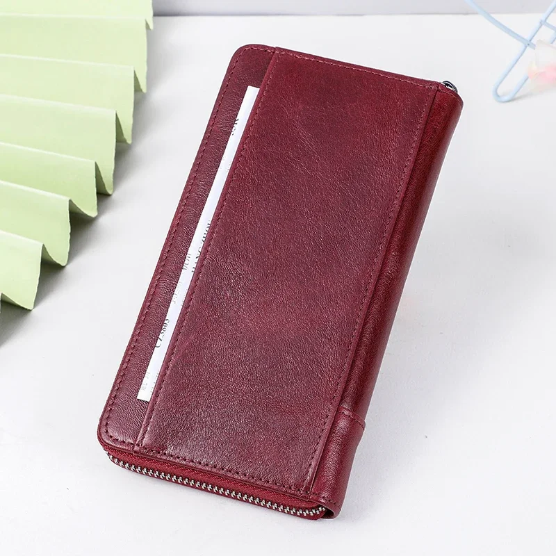 جلد طبيعي المرأة محافظ طويلة حامل البطاقة الإناث محفظة سستة المحفظة للنساء موضة حقيبة صغيرة Rfid Carteras