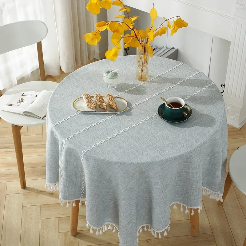 Cotton Linen Nordic Round Tablecloth Striped Fabric Restaurant Dining Table Cloth Solid ColorThree-dimensional Embroidered