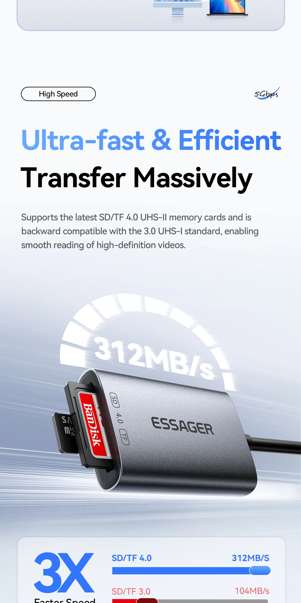 Essager Kartenleser SD4.0 312MB/s USBA Typ-C zu SD MicroSD TF Speicherkarten-Adapter für Laptop PC iPhone Huawei MacBook Windows – Detail 3