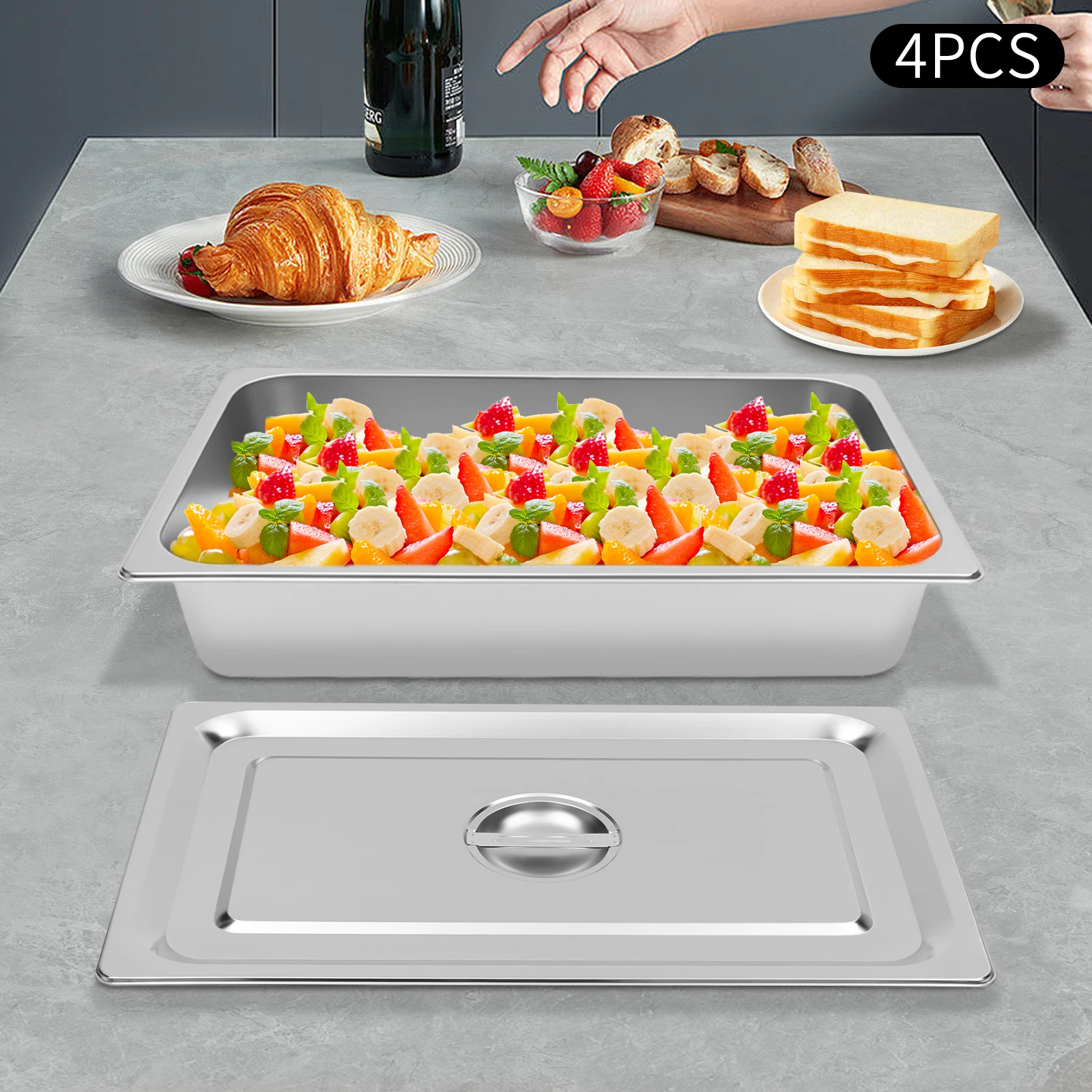 4 Pcs Table Pans with Lids Buffet Chafing Dishes Stainless Steel Food Container for Commercial and Personal