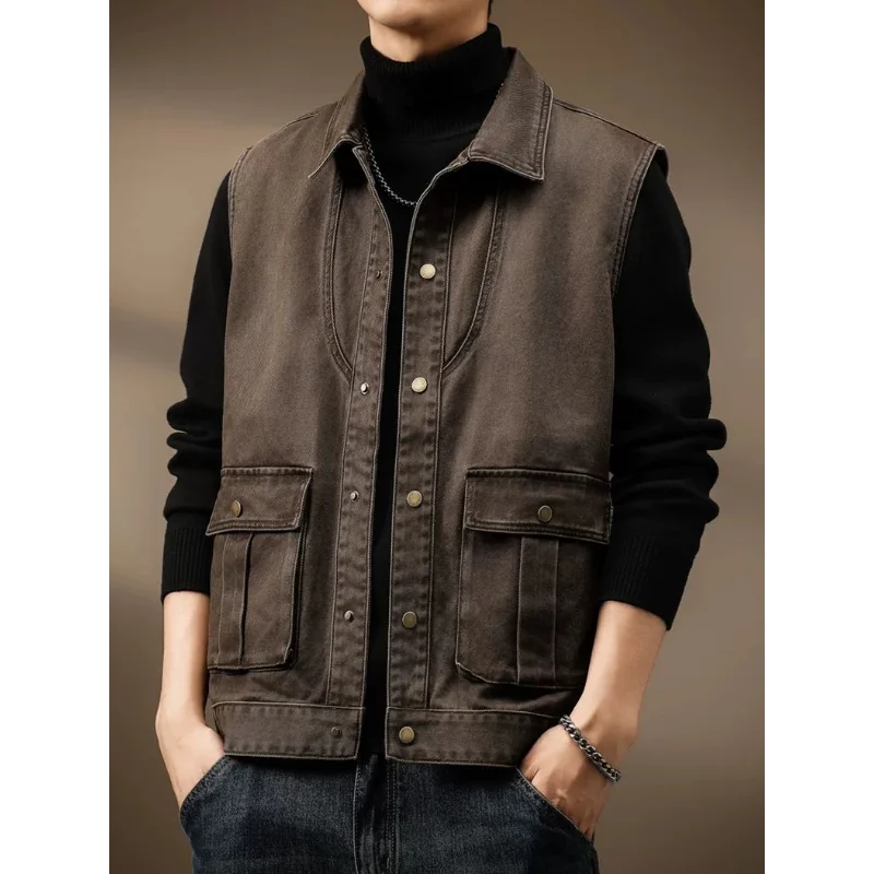 High-end American Lapel Sleeveless Vest Men's Spring and Autumn New Outdoor Loose Casual Retro Work Jacket Men