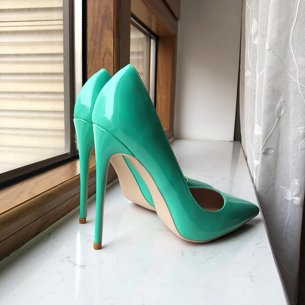 Tikicup Glossy Mint Green Women Pointy Toe 8cm 10cm 12cm High Heel Shoes Slip On Stiletto Pumps Plus Size 33-45 Colors Customize