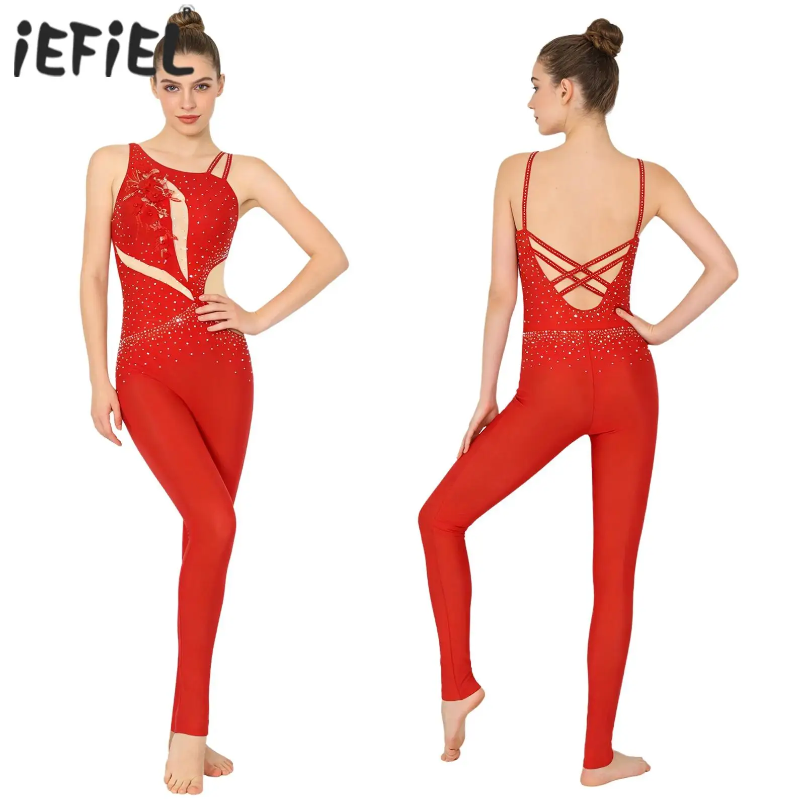 レディース体操ユニタードボディスーツ刺繍アップリケラインストーンストラップバックレスレギンスパンツジャンプスーツバレエダンスロンパース