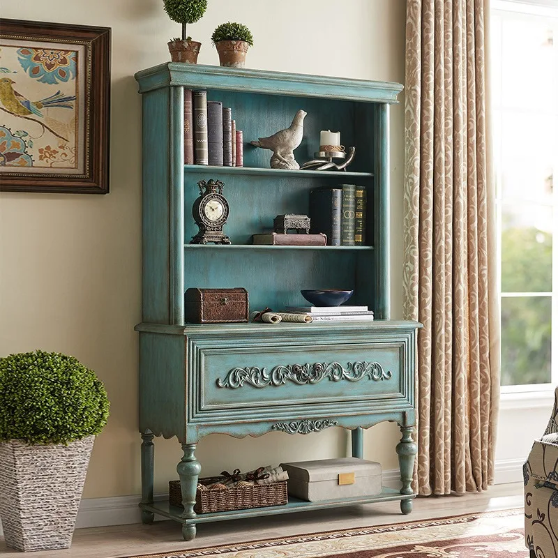 American solid wood bookcase retro carved wall decorative cabinet household living room locker corner cabinet