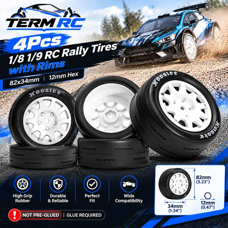 4Pcs 1/8 1/9 RC Rally Tires with Rims 82x34mm 12mm Hex for HPI WR8 HSP Kyosho Tamiya MJX (Not Pre-Glued)