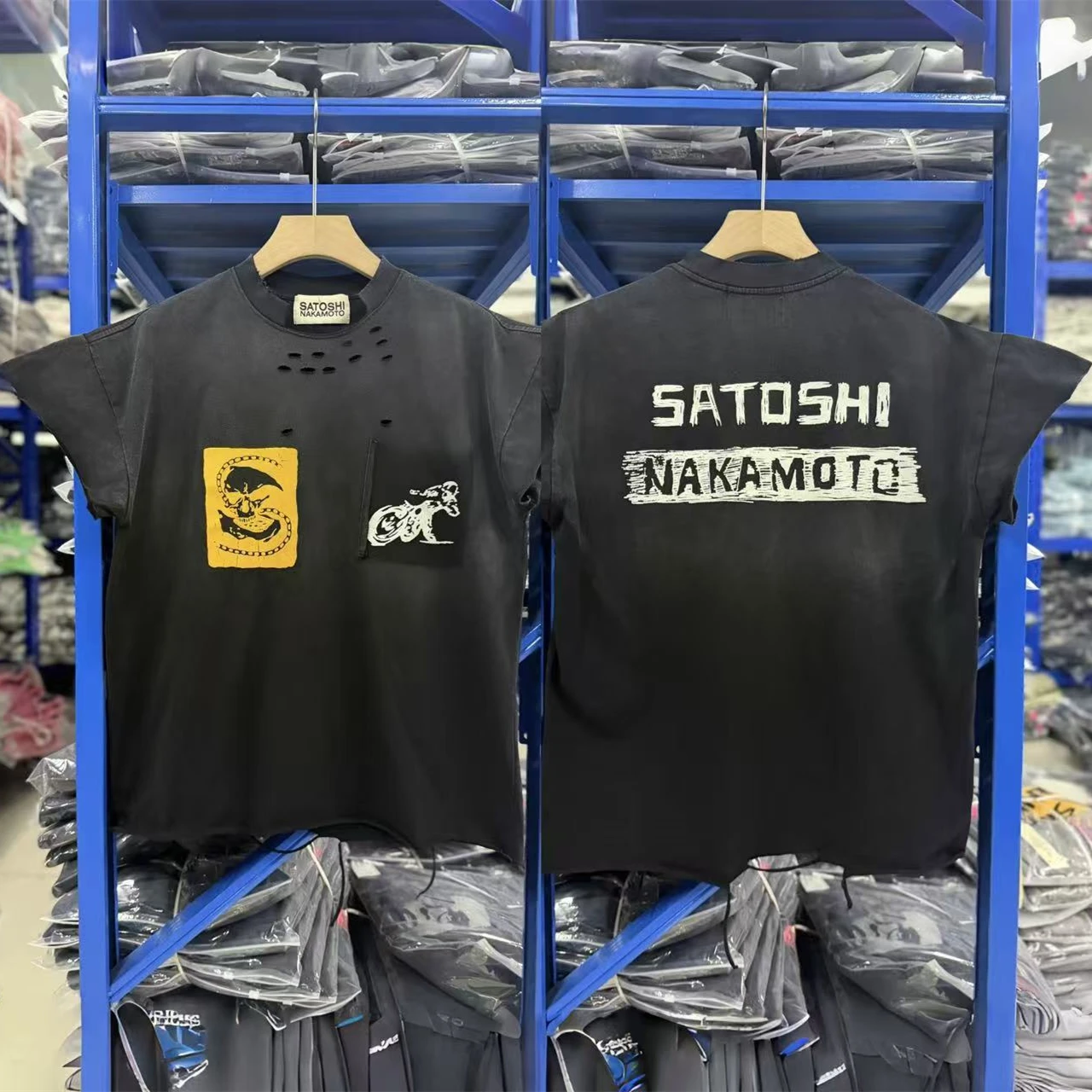 26ss SATOSHI NAKAMOTO Locomotive Washed Hole T Shirt Men Women Best Quality Tee Tops T-Shirt