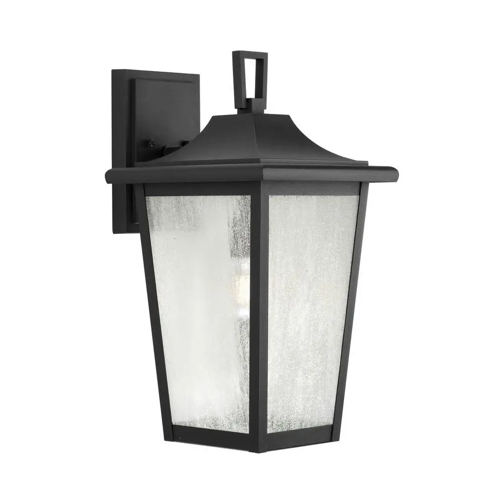 Transitional Black Outdoor Wall Lantern Clear Seeded Glass Coach Style Dimmable Lighting