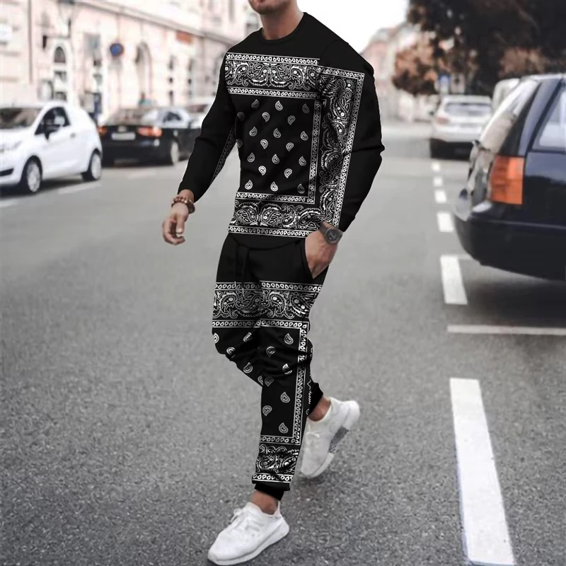 Hot Sale Summer Men Clothing 3d Printed Men Long Sleeve T-Shirt+Pants Two-Piece Set Men Long Sleeve T-Shirt Trousers Outfit