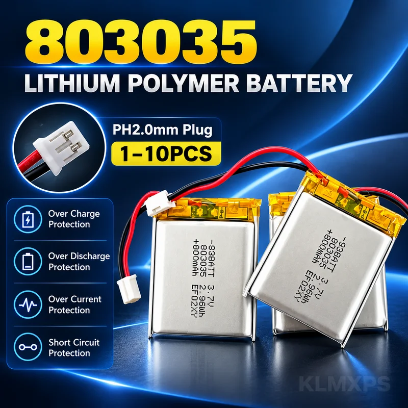 803035 800mAh 3.7V Li-Po Polymer Battery Rechargeable Cell for Smart Watch, Bluetooth Headset, Speaker, Audio and LED Lights