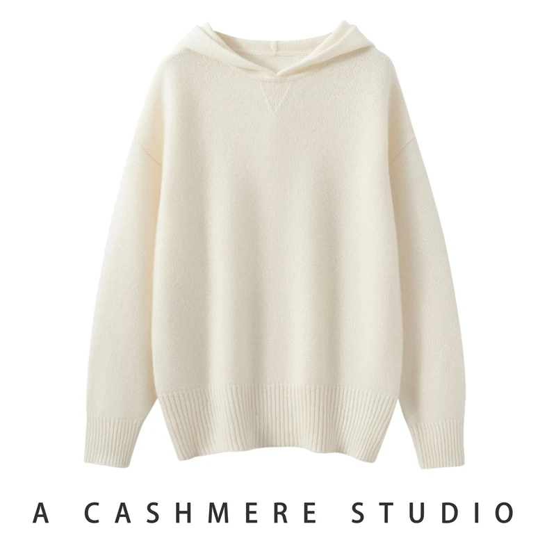 

Женский утепленный свободный вязаный свитер из чистого кашемира с капюшоном, универсальный, осенне-зимний, новый стиль, для повседневной носки, с длинным рукавом