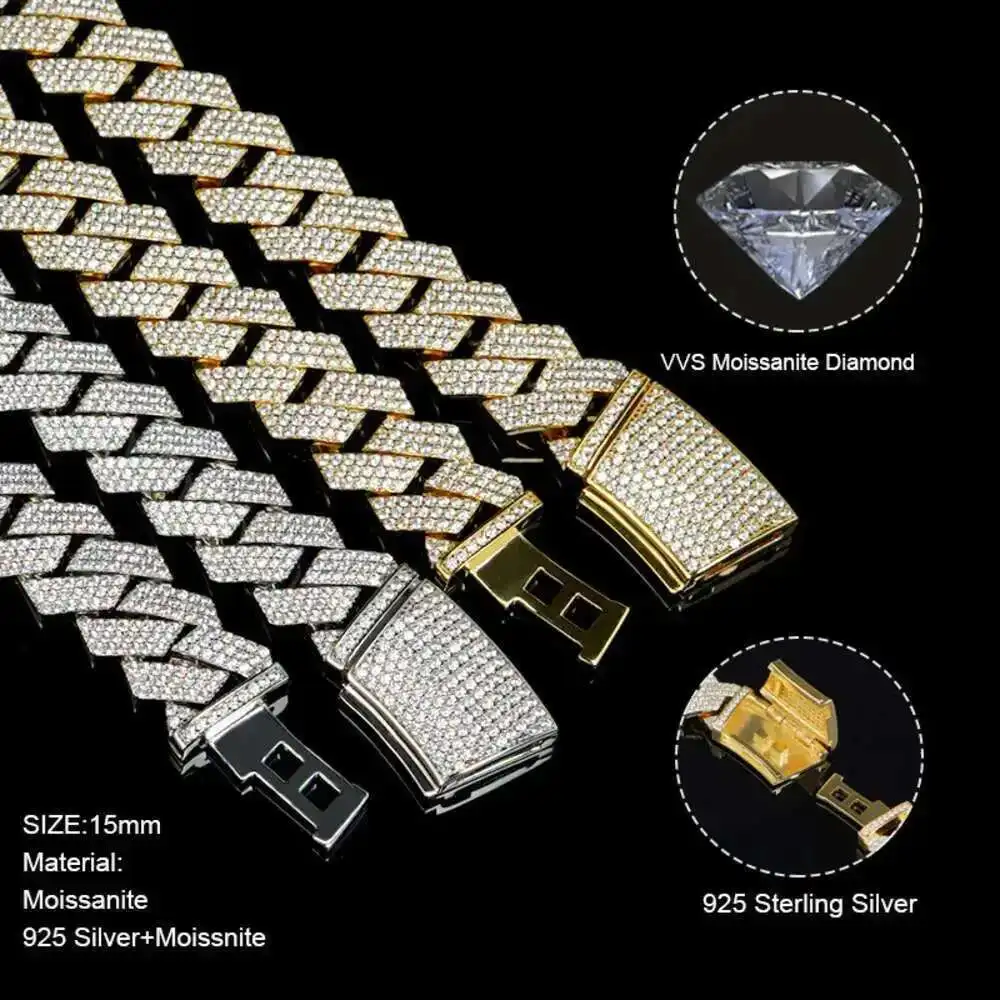 

Vvs Moissanite Diamonds Pass Tester Miami Cuban Chain 15mm 925 Sterling Silver Fine Quality Box Clasp Hiphop Necklace