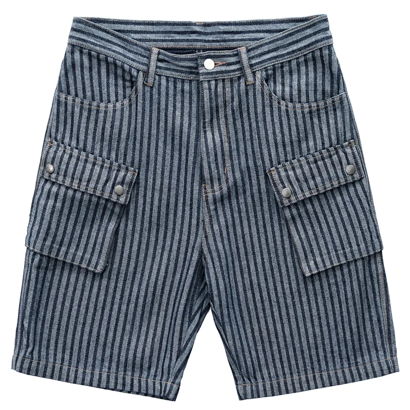 Striped Men's Shorts Denim Loose Straight Multi-pockets Workwear Summer Fashion Casual OOTD