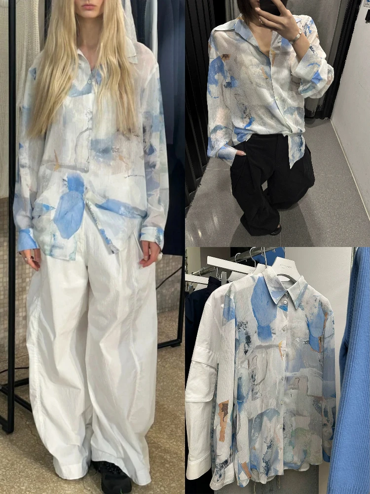 Loose Long Sve mujer irt artístico Aosphere estampado de marca de agua transparente Quali Spring East Gate Sle Casual irt