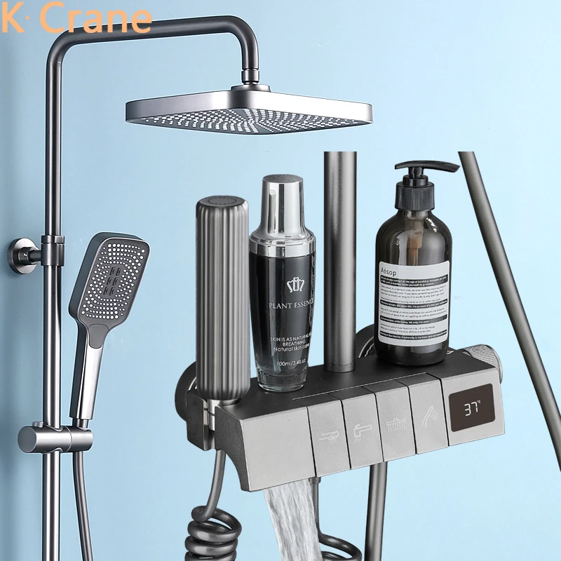 

LED Digital Shower Set Bathroom Hot Cold Mixer Shower System Wall Mount Thermostatic SPA Rain Fall Tap Bathtub Bath Faucet Sets