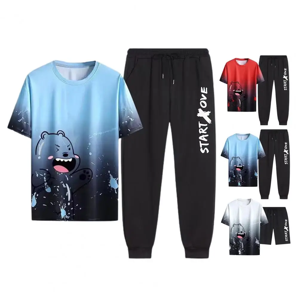 

2Pcs/Set Men Summer Thin Sportswear Casual Soft O-neck T-shirt Set Elastic Drawstring Waist Loose Fit Shorts Set Ice Silk Outfit