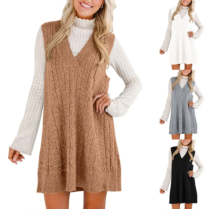 

Stylish Knit Dress Casual Ribbed Pinafore Dress Sleeveless Suspender Knit Dress Buttoned Midi Sundress For Women With Pockets