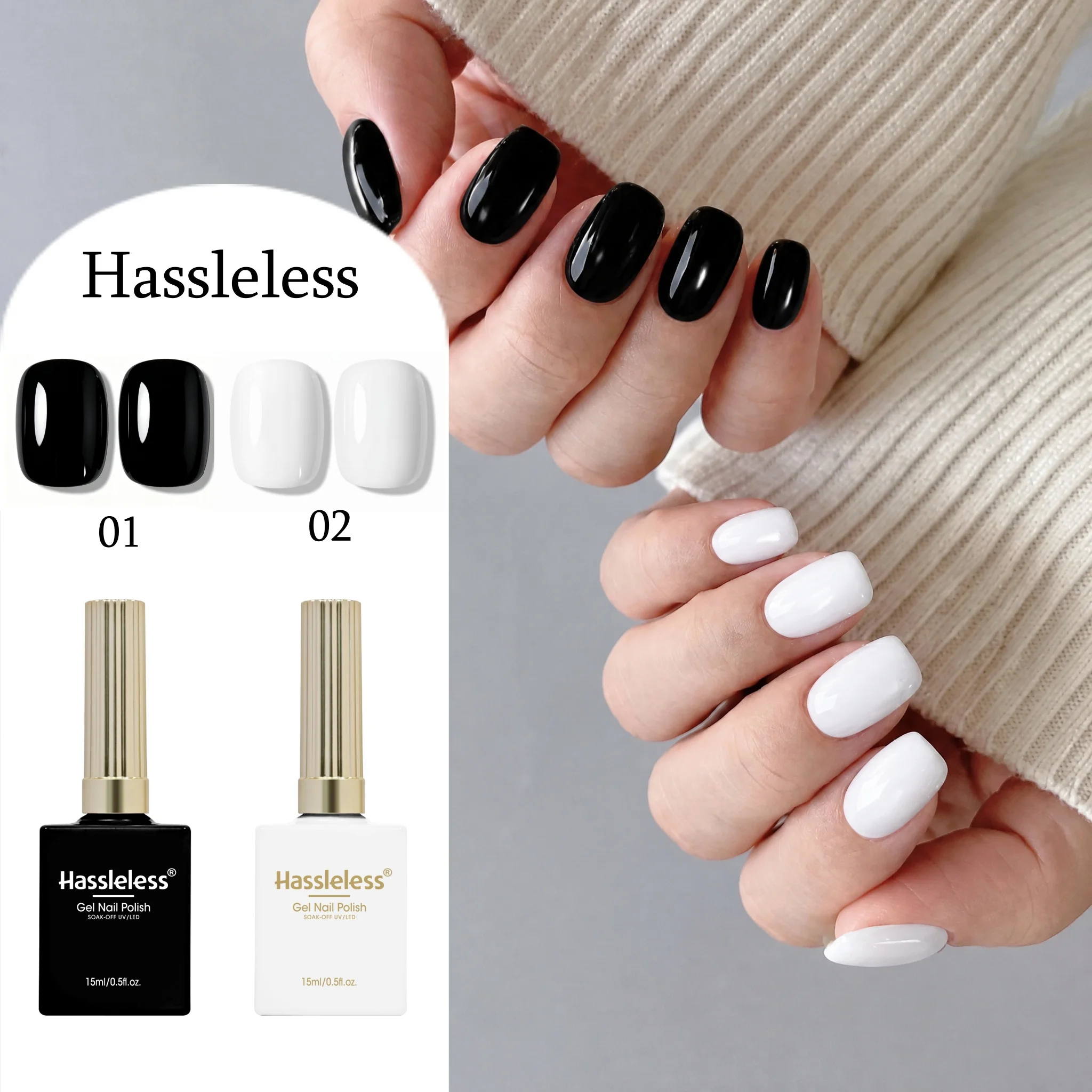 Hassleless 2Pcs 0.5 oz Removable Semi-Permanent Nail Polish Gel, Suitable for DIY Nail Art Creations, Compatible with General Use, Suitable for Professional Salons and Home Use, Black and White Nail Gel, Create Gel Nai
