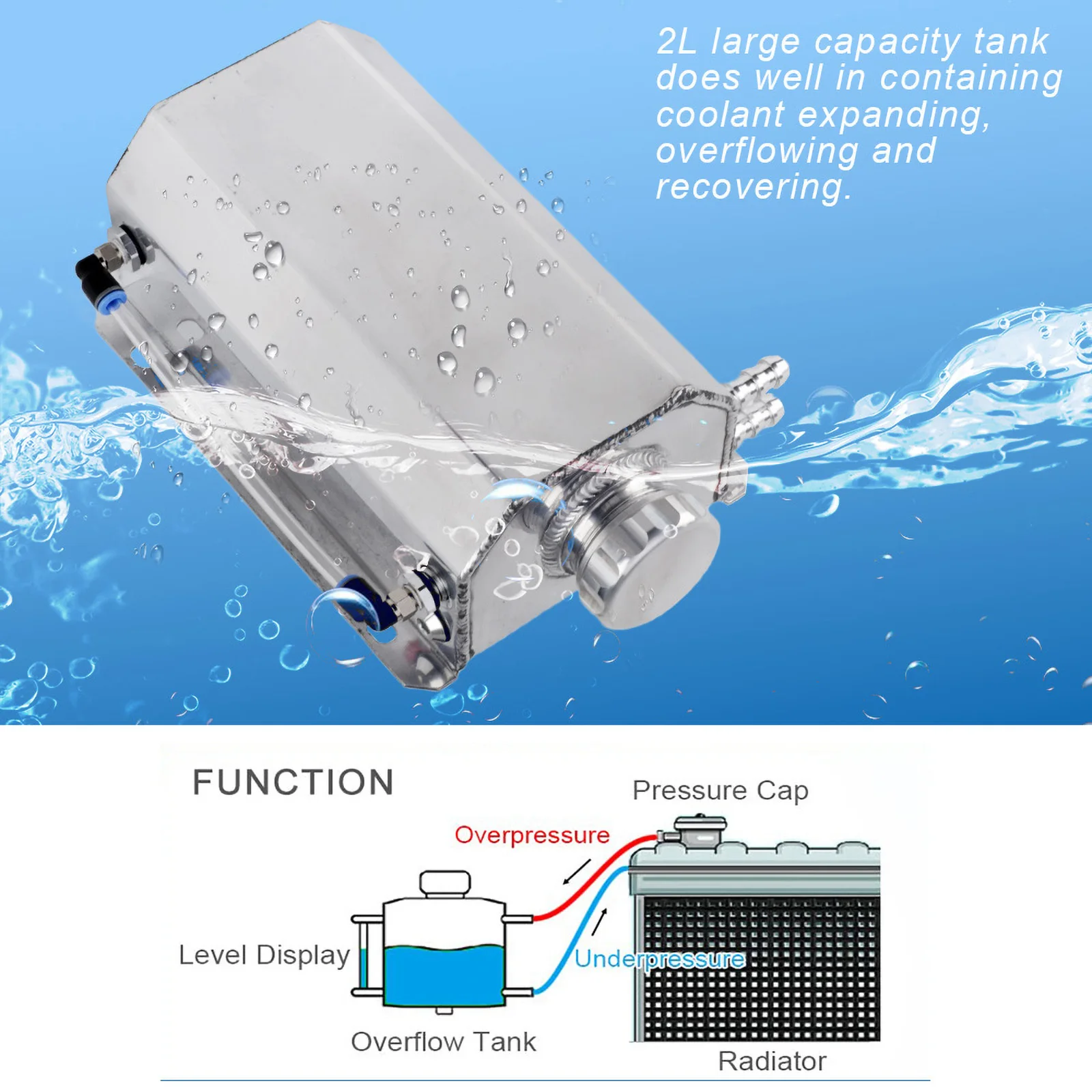 

2L Square Engine Coolant Radiator Overflow Oil Catch Can Reservoir Oil Fuel Tank With Drain Plug Breather Aluminum