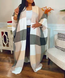 Women Winter Fashion Striped Pattern Poncho Sweater Oversize African Lady Warm Thick Loose Long Cardigan Buatiful Kimonos