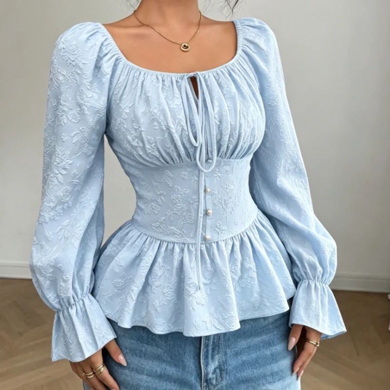 2026 Autumn Winter French Design Women Shirt U Neck Jacquard Lace Up Long Sleeve Elegant Casual Dating Fashion Tops