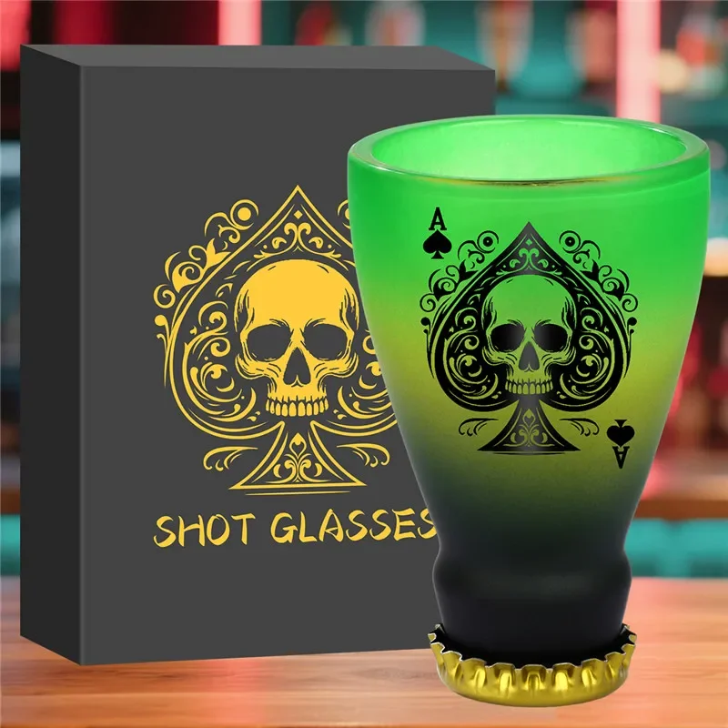 

43ml Green Glass Shot Glasses Black Spade Skull Design Wine Shot Cup for Kitchen Club Bar Party Wedding Whiskey Cocktail Serving