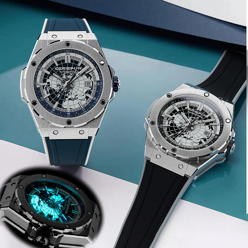 CERIEPON Gift Fully Automatic Mechanical Men's Watch Luminous Fashionable Gift Blue Planet Series Sapphire Crystal Rubber Strap