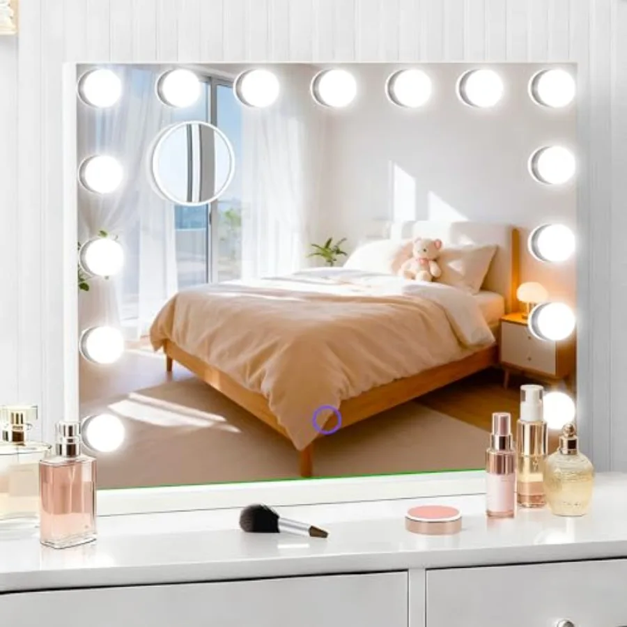 

Hollywood Vanity Mirror with Lights, 23" x 18" Lighted Makeup Mirror with 15 Led Bulbs, 3 Color Lights, 10x Magnification, Desk