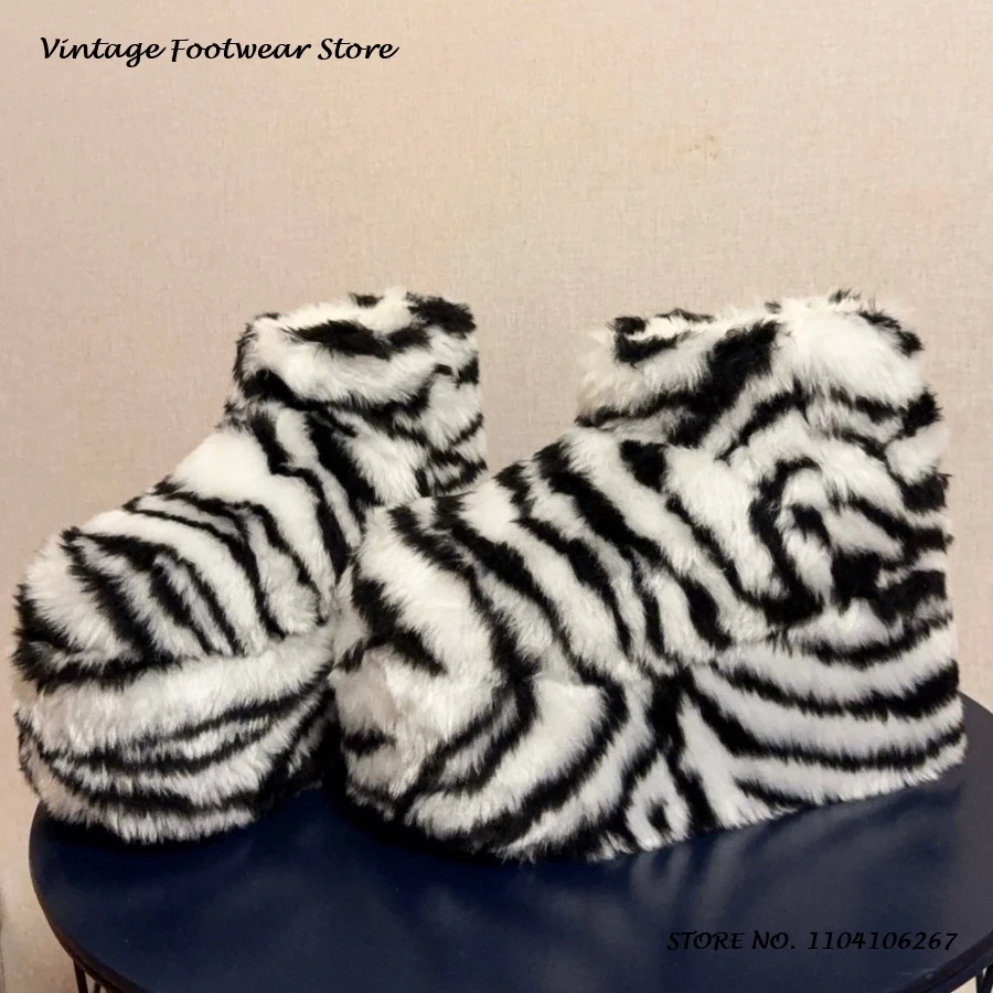 Winter Warm Furry Snow Boots Zebra Print Round Toe Height Increasing Ankle Boots Women's Street Style Casual Platform Shoes - view 2