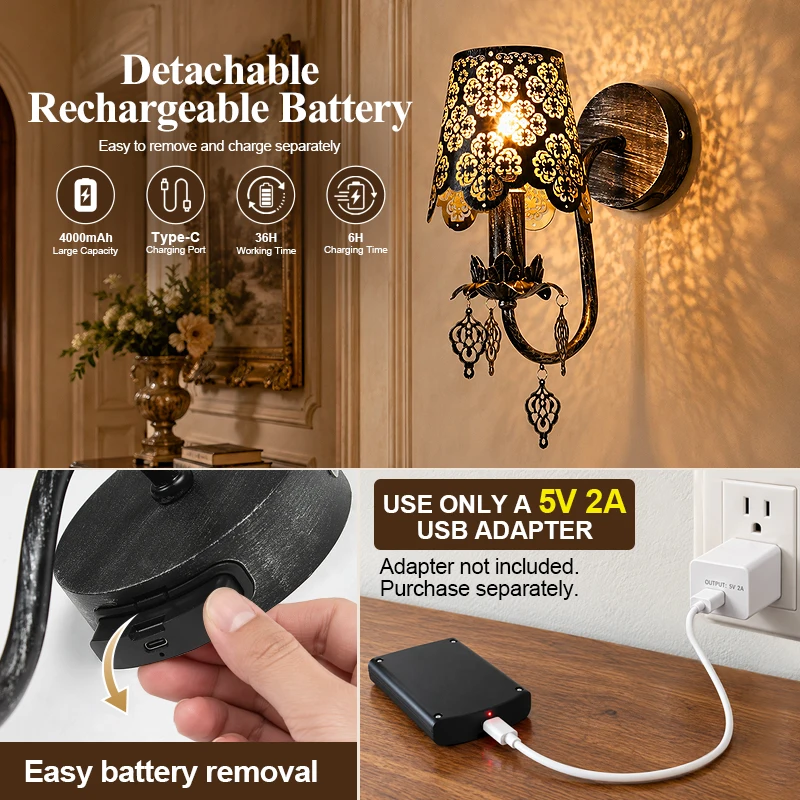 Vintage Battery Operated Wall Sconce Wireless Rechargeable Wall Lamp with Remote Control, 4000mAh Type-C Detachable Battery, 3 Color Temps Dimmable 10%-100%, Crystal Metal Cutout Shade, Cordless Wall Light for Bedroom Living Room Dining Room Hallway Decor