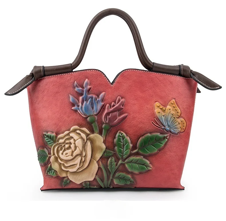 

Floral Genuine Leather Women's Handbag Cowhide Tote Bag Vintage Shoulder Bag Ladies Crossbody Bags