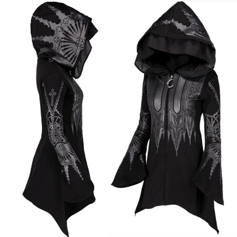 Street Goth Punk Style Black Long Hooded Top Harajuku Retro Dark Grunge Y2K Print Sweatshirts 2022 New Autumn Winter Ladies Tops