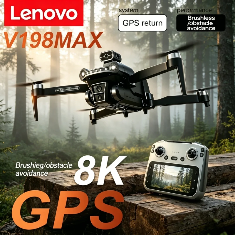 레노버 V198MAX 미니 4K 드론, 8K 드론 전문가용 FPV 브러시리스 레이저 장애물 회피 공중 광학 접이식 쿼드콥터.