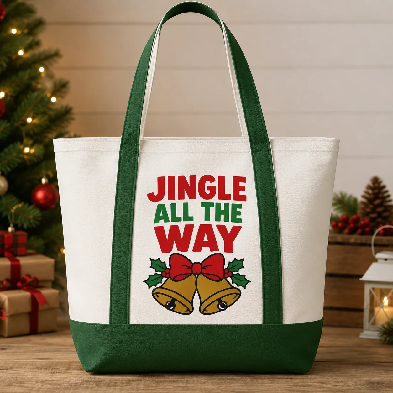 Holiday Canvas Tote Bag Christmas Reindeer Tree Add Name Photo Message Large Shopping Gift Handbag For Women Kids Seasonal Gifts