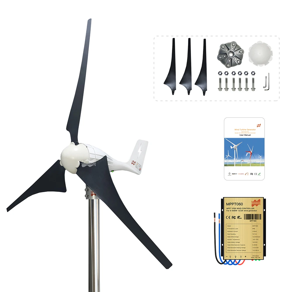 

3 6Blade 600W AC12V 24V Horizontal Household Wind Turbine Generator With MPPT Controller Small Low Speed Wind Generator for Home