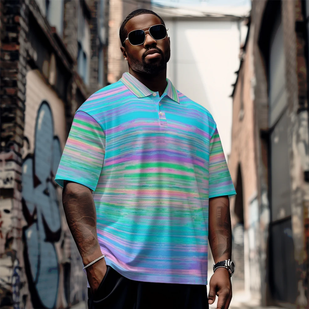 

Large men's summer short sleeved lapel Multicolored cross print short sleeve Daily casual button polo shirt