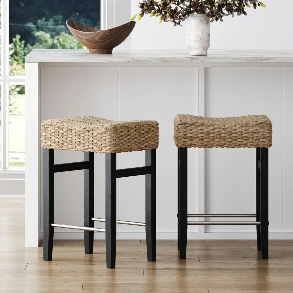 

Rattan Bar Stool, Bohemian Counter Height Stools with Woven Seagrass Seat, Solid Wood Legs, and Metal Footrest ,Bar Stool
