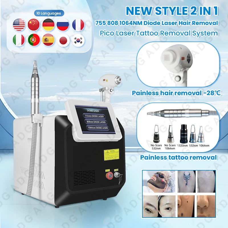 2 in 1 Super Effective Ice Cool Diode Laser Painless Hair Removal Picosecond Laser Tattoo Pigmentation Removal Machine