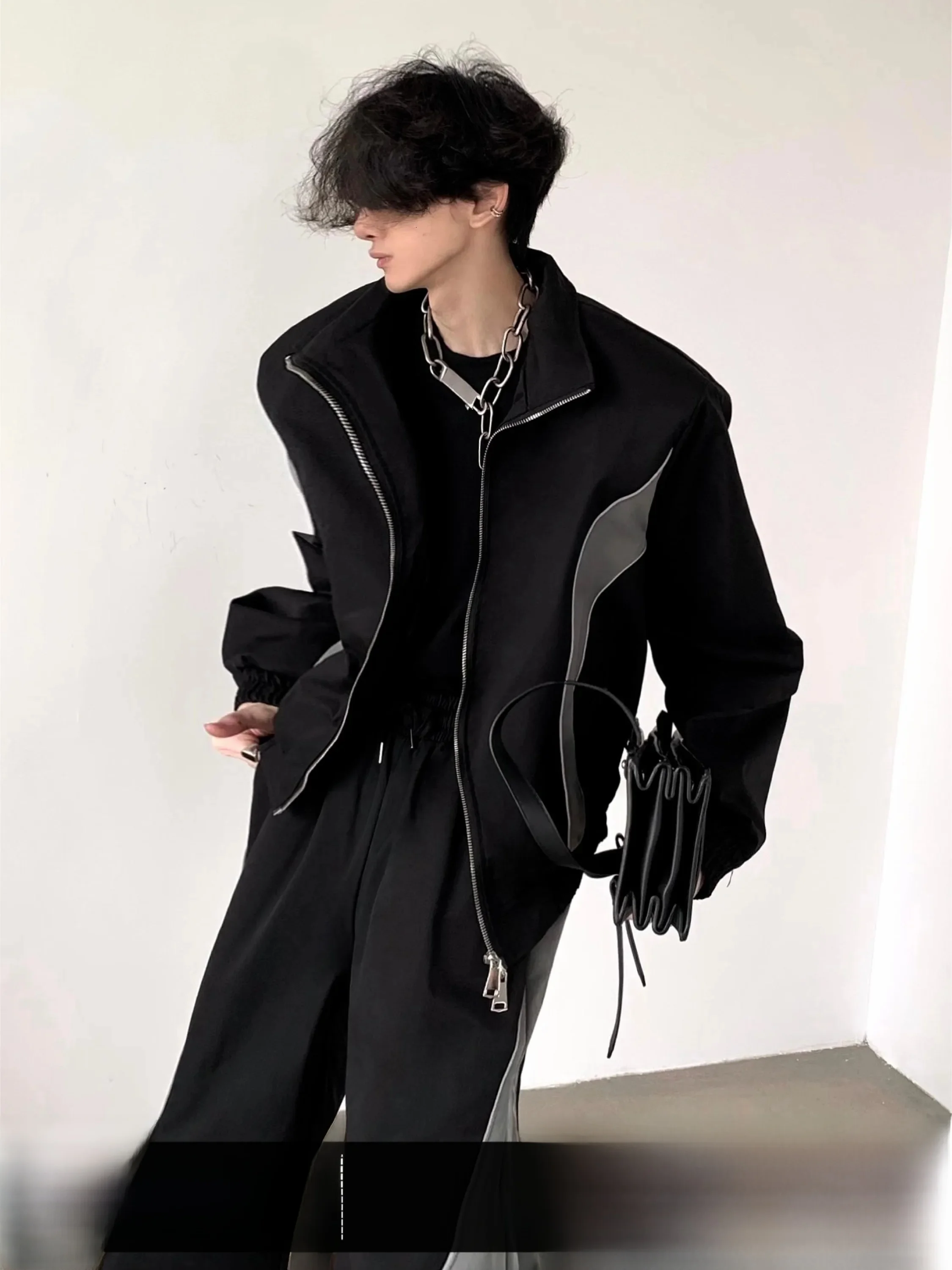 Black Casual Sportswear Set Men's Premium Style Shoulder Pad Jacket Outerwear Autumn Mountain Wind Small Audience Function De...