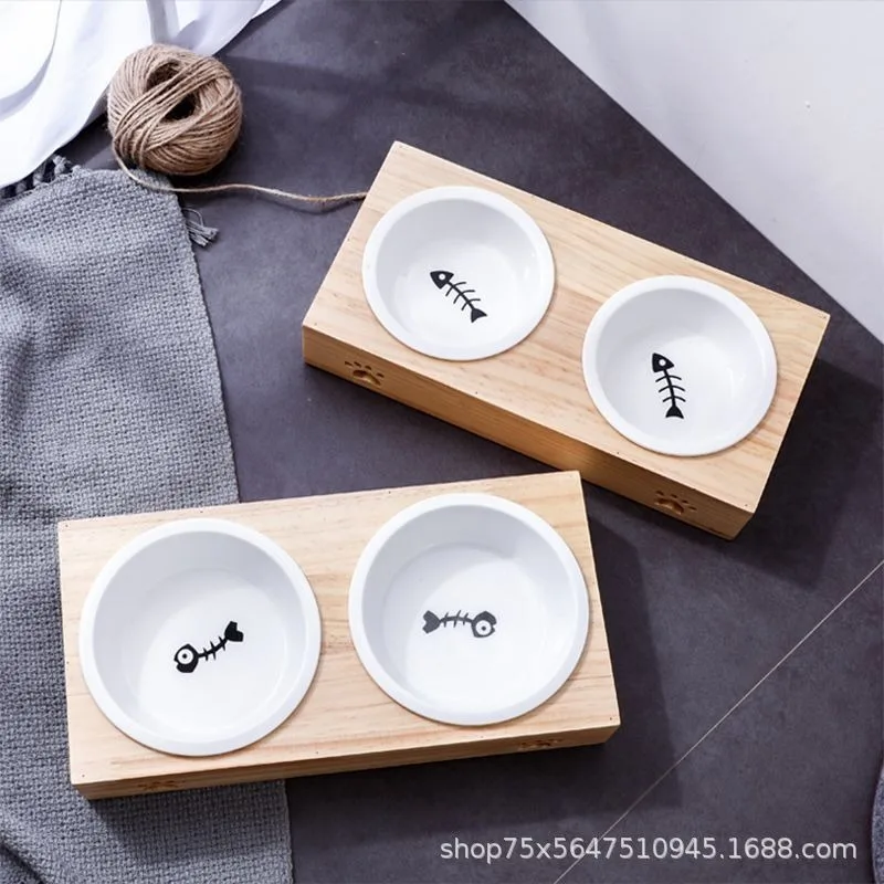 고양이 Pet Dog Cat Ceramic Bowl Bamboo Wooden Table Into A Kitten Skid Resistant Double Bowl Small Dog Food Bowl 강아지밥그릇