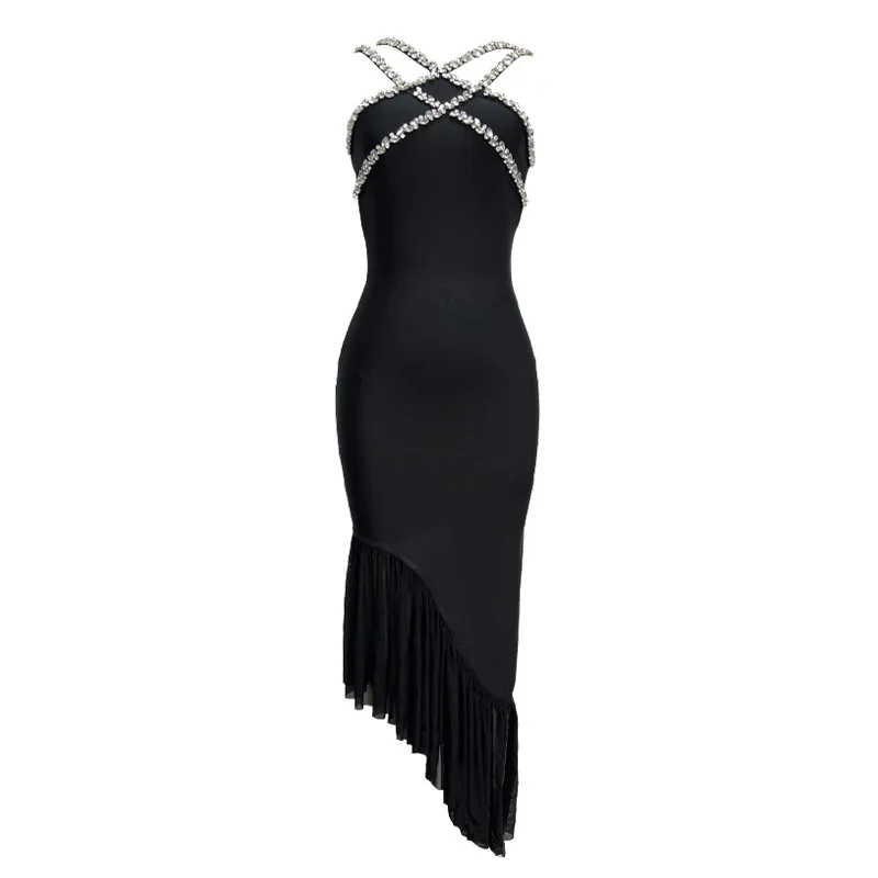 Zwarte riem strass sexy socialite bandage lange avondjurk